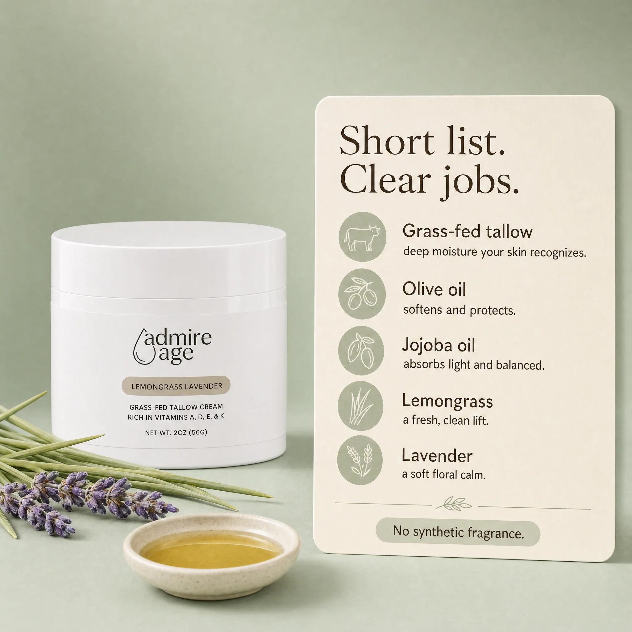 Ingredient card: grass-fed tallow, olive and jojoba oil, lemongrass and lavender, no synthetic fragrance