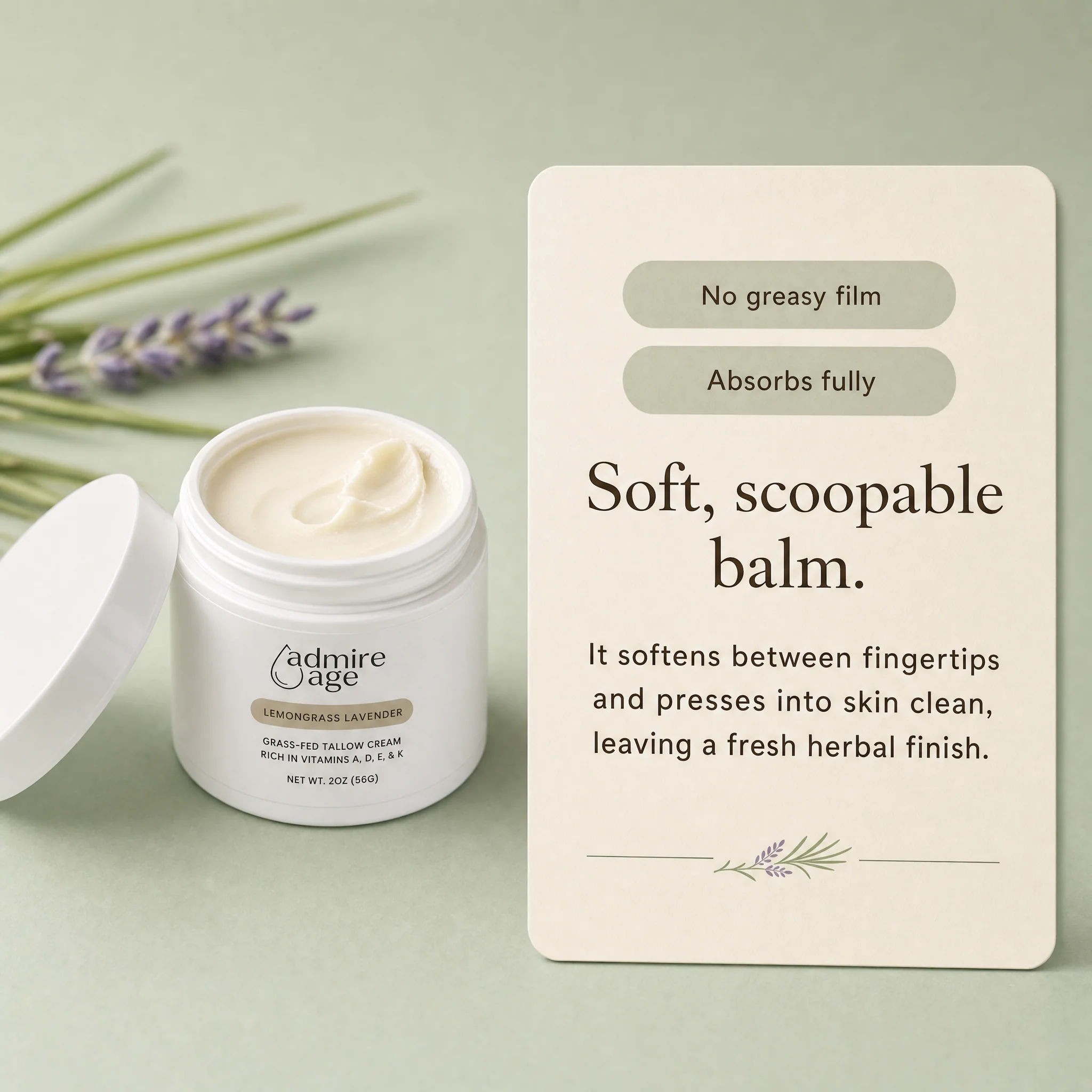 Close-up of the soft, scoopable Lemongrass Lavender tallow cream texture in the open jar