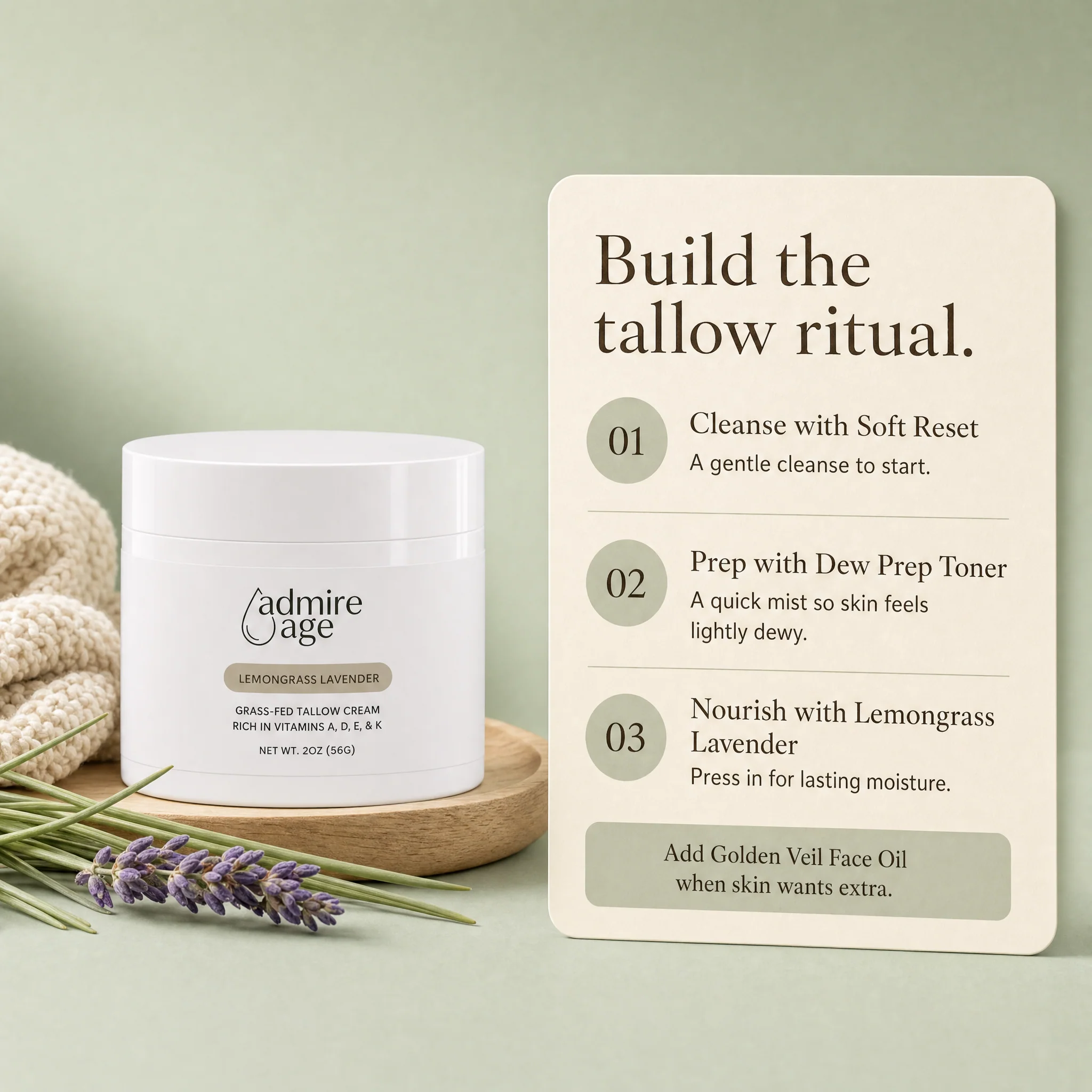 Routine card pairing Soft Reset Cleanser, Dew Prep Toner, and Lemongrass Lavender tallow cream