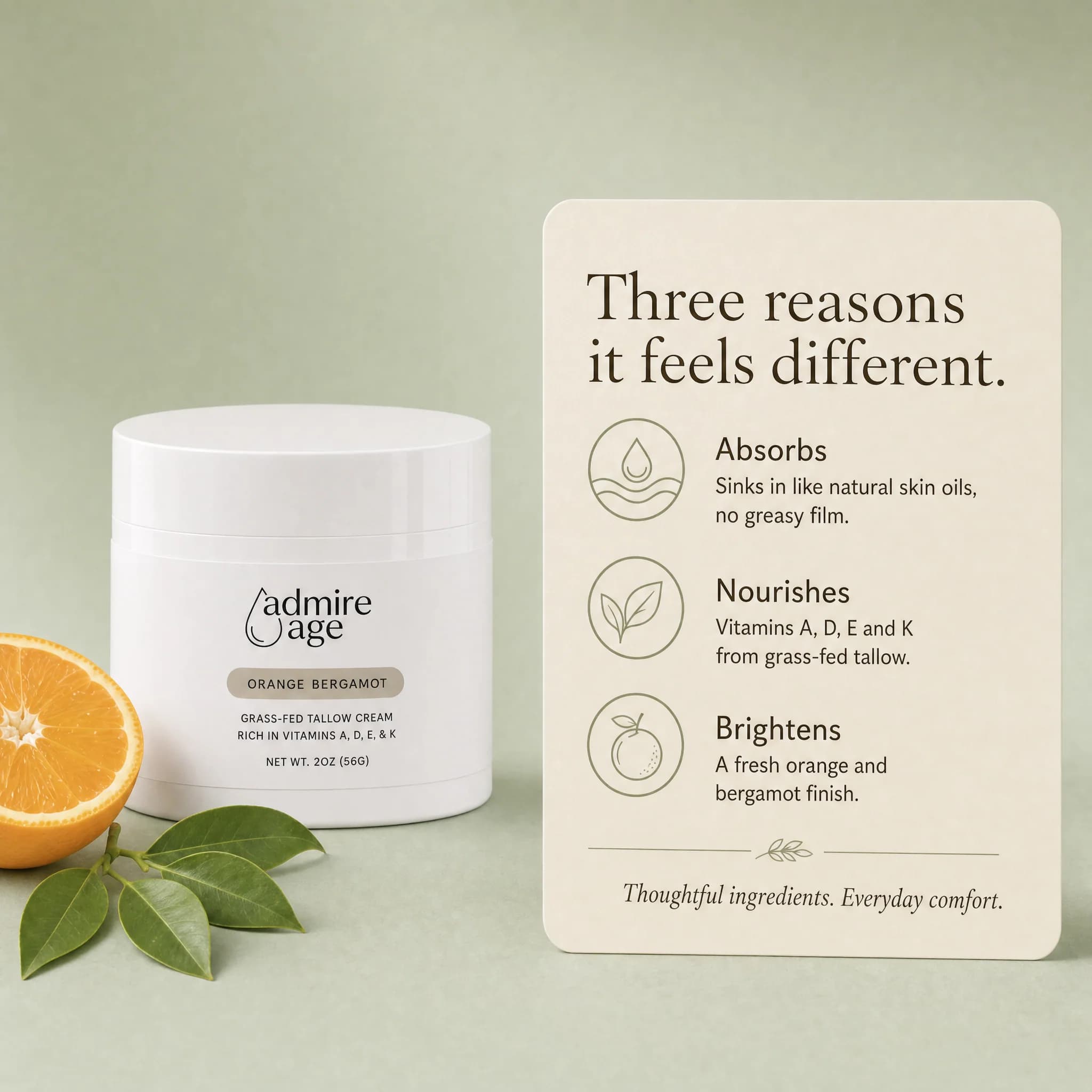 Card listing three reasons Orange Bergamot feels different: absorbs, nourishes, brightens
