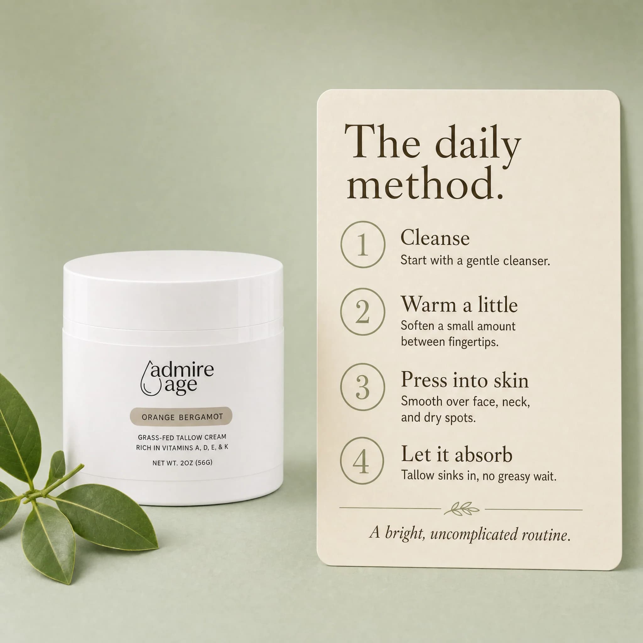 Four-step morning method card: cleanse, warm a little, press in, let it absorb