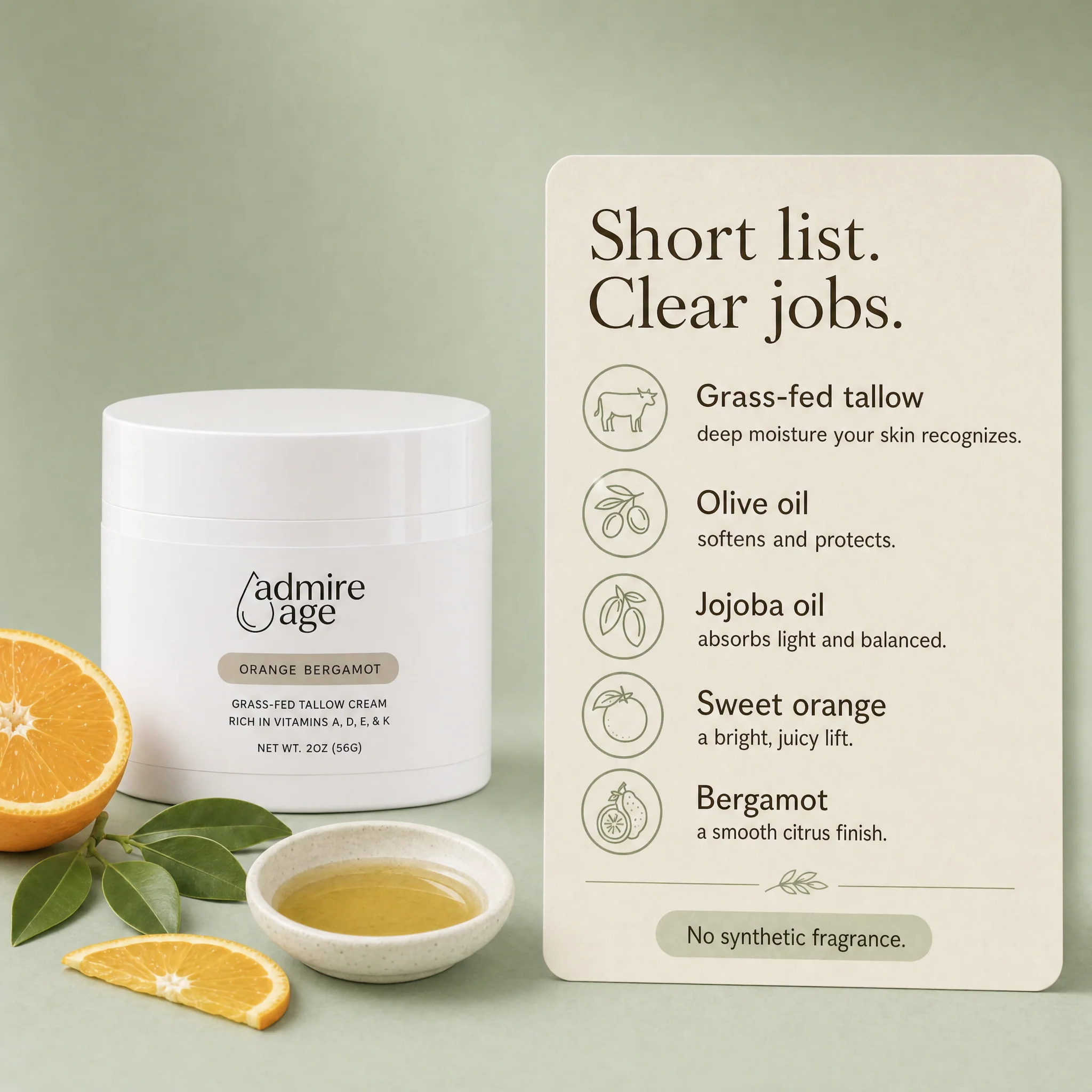 Ingredient card: grass-fed tallow, olive and jojoba oil, sweet orange and bergamot, no synthetic fragrance