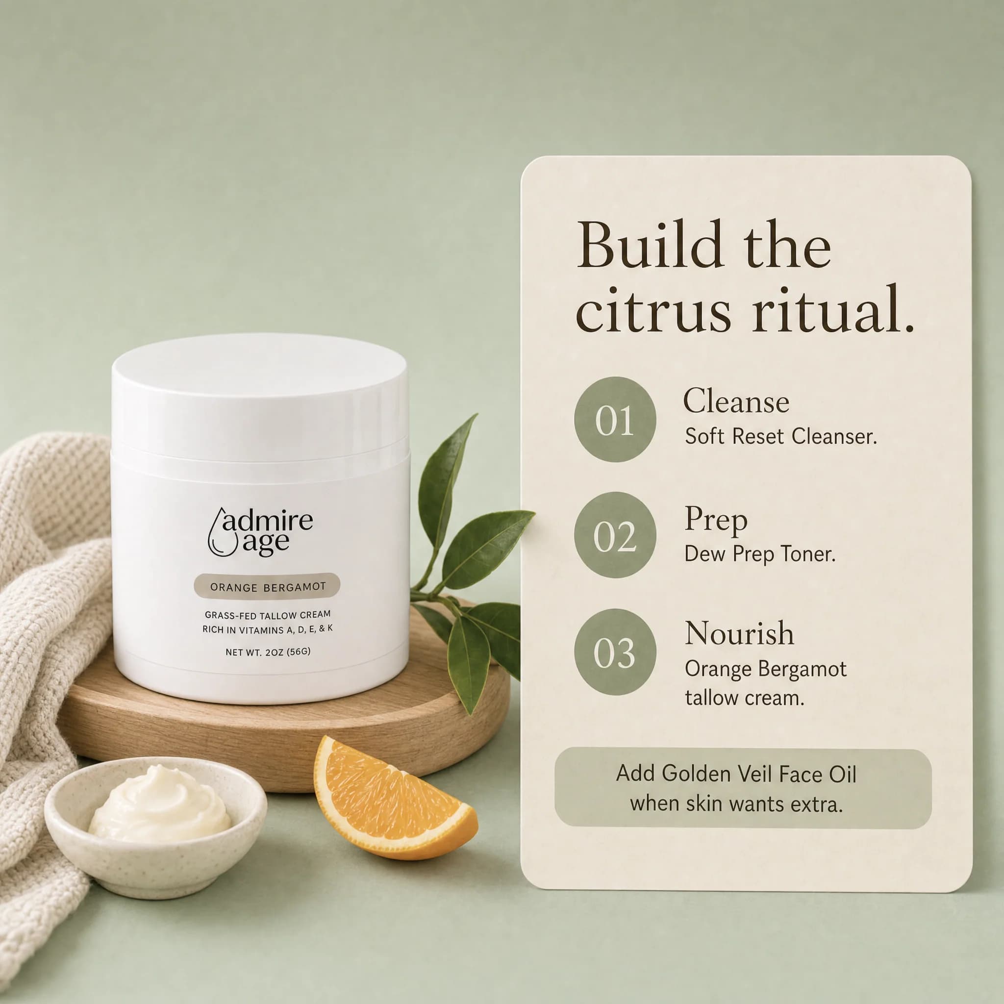 Routine card pairing Soft Reset Cleanser, Dew Prep Toner, and Orange Bergamot tallow cream