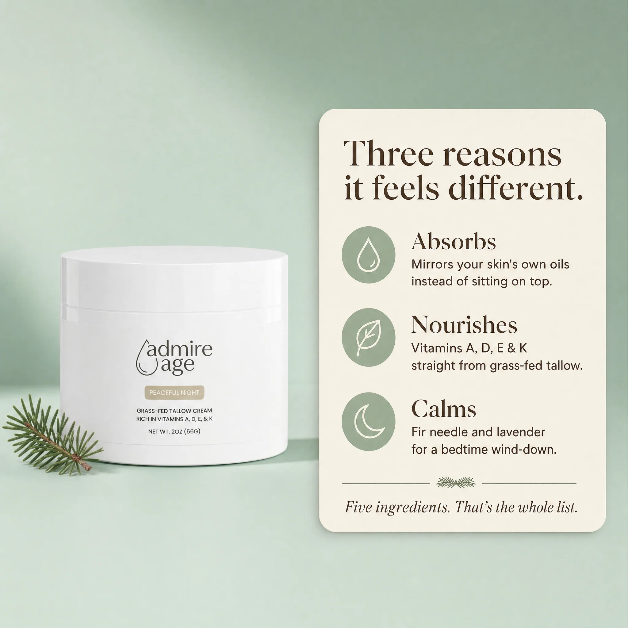 Card listing three reasons Peaceful Night feels different: absorbs, nourishes, calms