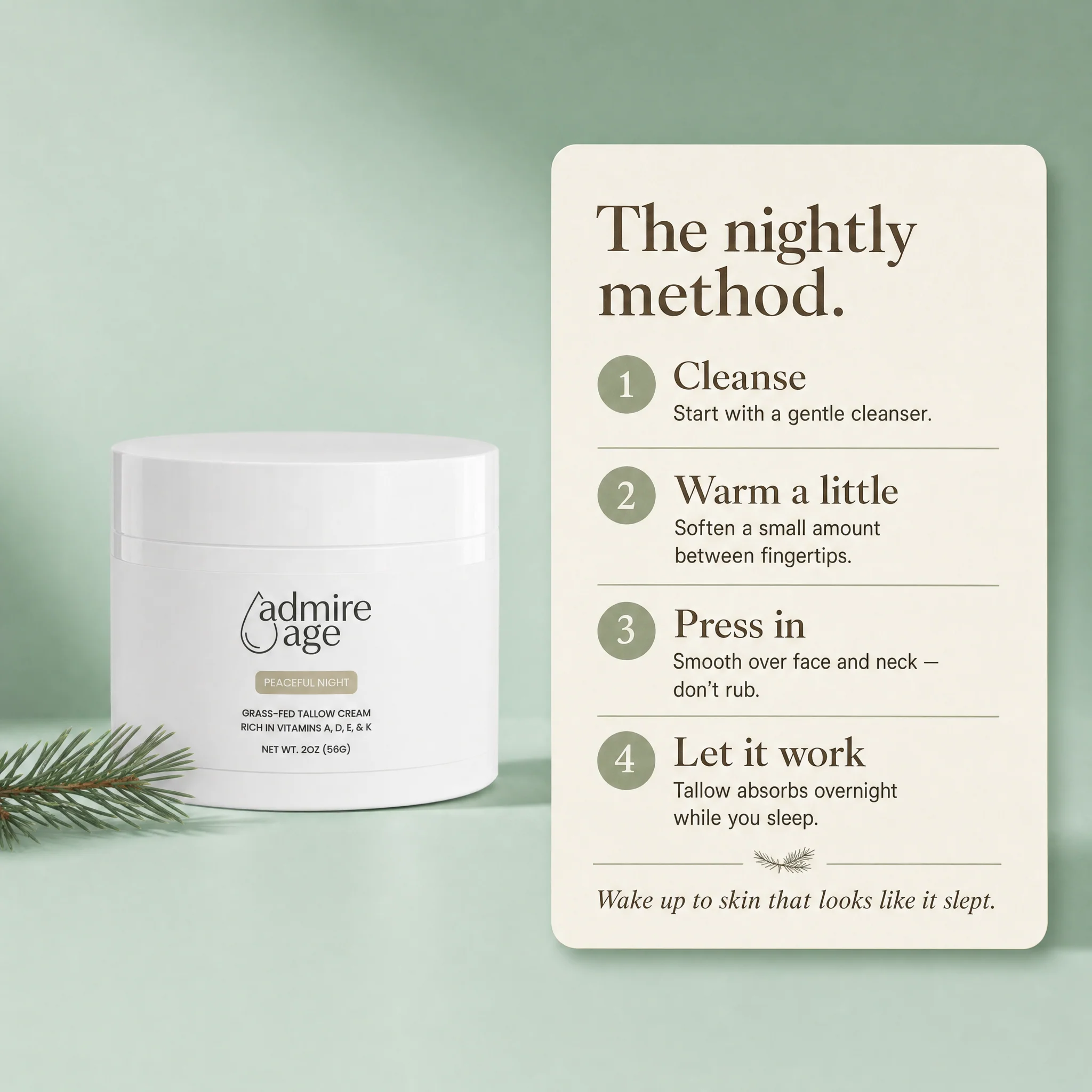 Four-step nightly method card: cleanse, warm a little, press in, let it work