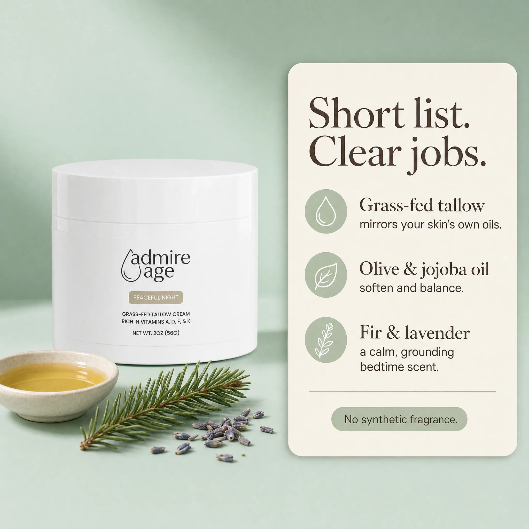 Ingredient card: grass-fed tallow, olive and jojoba oil, fir and lavender, no synthetic fragrance