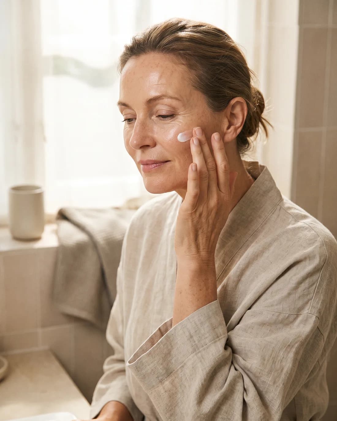A woman in her fifties pressing tallow cream into her cheek in soft morning light