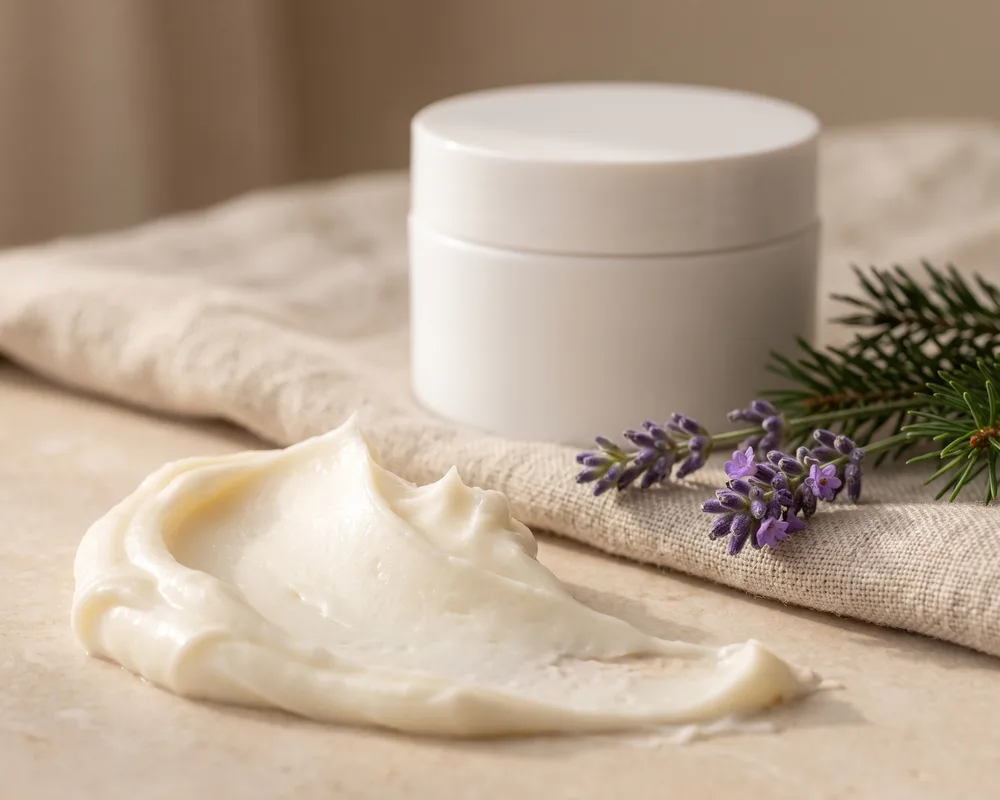 A soft swipe of whipped grass-fed tallow cream beside the Peaceful Night jar with lavender and fir needle