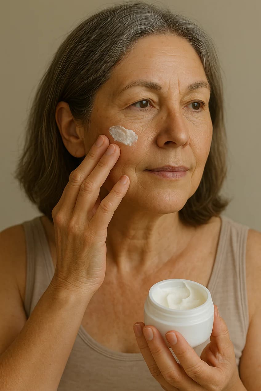 Woman applying skincare in soft natural light