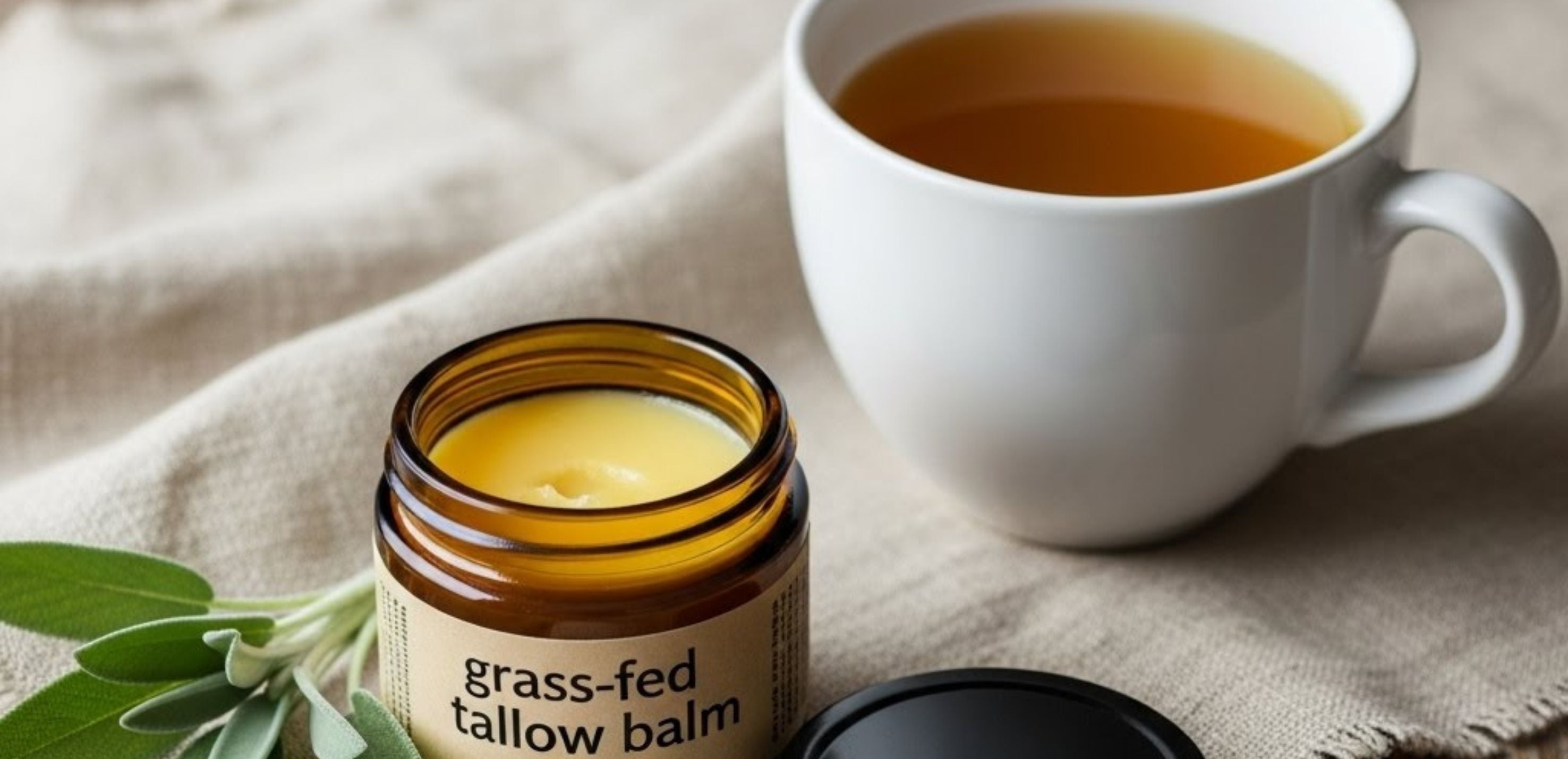 Small jar of grass-fed tallow balm on linen beside bone broth and herbs.