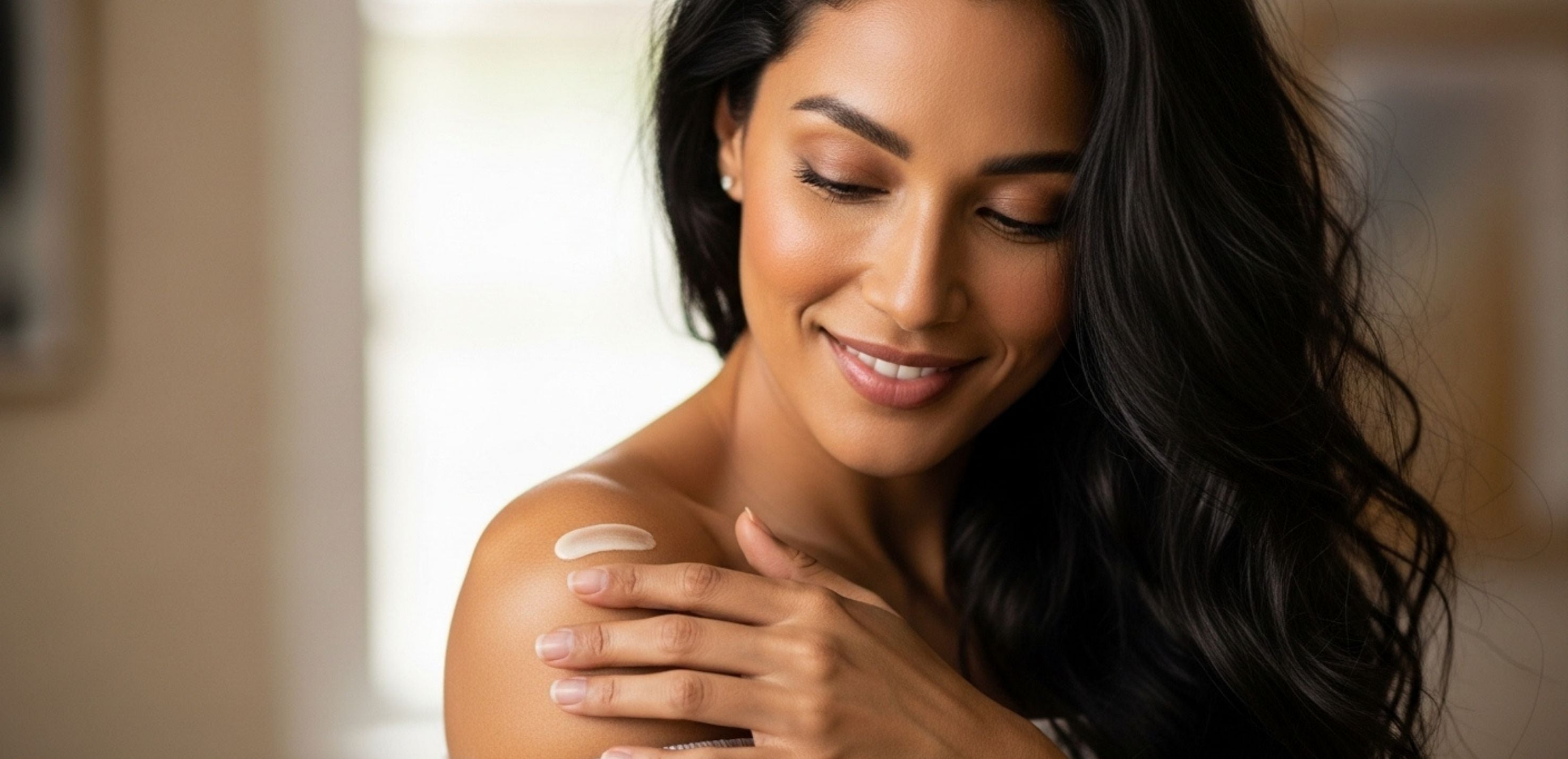 A woman smiles while gently applying a pea-sized amount of balm to her shoulder